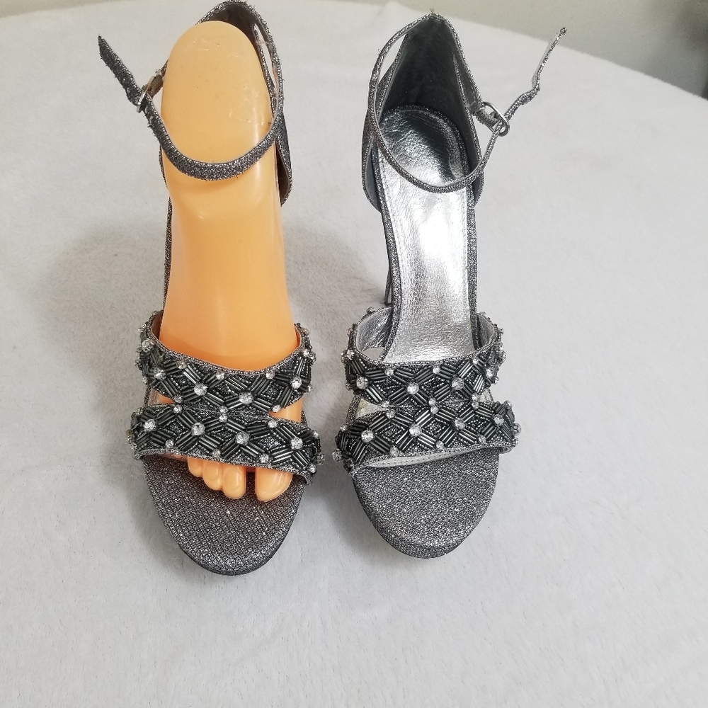 Adrianna Papell Gunmetal Beaded Strappy Heels - Picture 1 of 10
